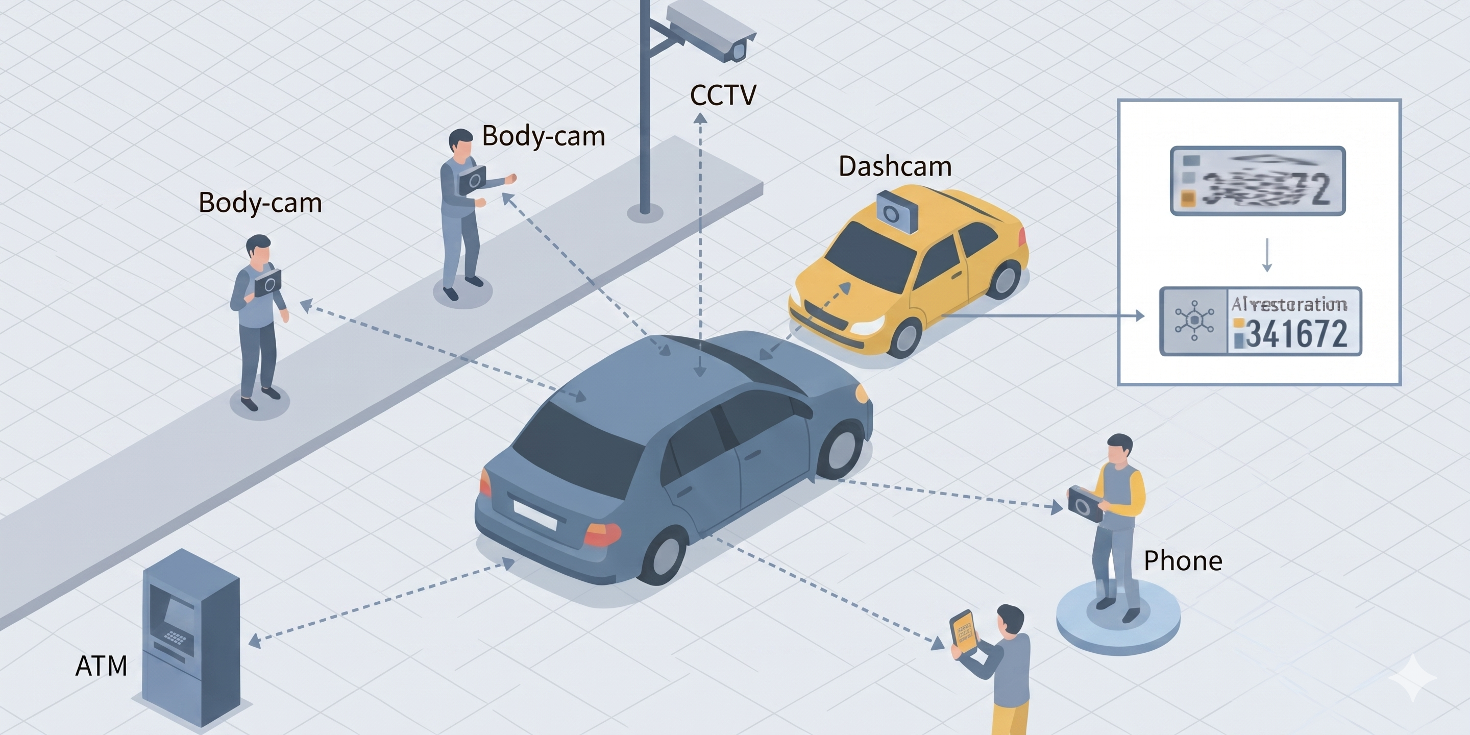 Urban environment with diverse opportunistic imaging sensors capturing a vehicle
